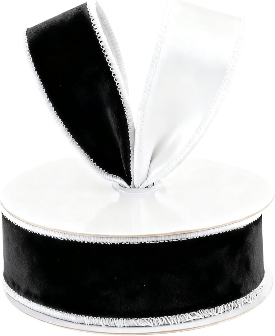 Meseey 1.5 Inch Black Velvet with White Satin Wired Ribbon 10 Yards for Wreaths Gift Wrapping Bows Crafts Decor