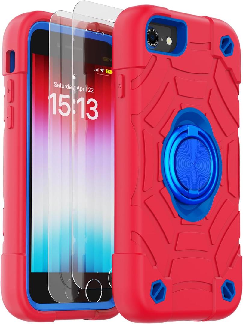 KCJ for iPhone SE Case 2022/2020, iPhone 8/7/6/6S Case, with [2Screen Protectors][Ring Stand] Soft Silicone+Hard PC Full Body Protection Heavy Duty Phone Case 4.7 inch (Red+Blue)