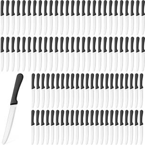 Zhehao 100 Pcs Steak Knives 8.39 Inches Rounded Serrated Steak Blade Knife Stainless Steel Round Tip Knife with Plastic Handle for Kitchen Butter Restaurant (Black)