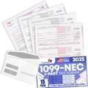 1099 NEC Tax Forms 2025 with Envelopes, 4 Part 15 Pack Tax Forms Kit and 15 Self-Seal Envelopes Great for QuickBooks and Accounting Software, Value Pack for Business - Made in The USA - 15-Pack