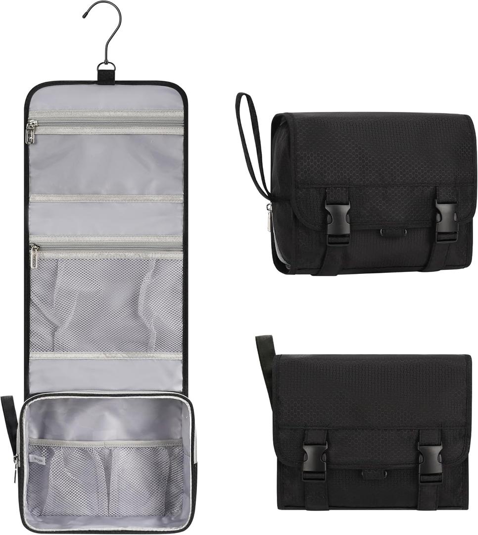 Small Hanging Toiletry Bag for Men and Women, Portable Hanging Organizer for Travel-Sized Shower Dopp Kit, Makeup Accessories, Waterproof Toiletries Organizer with 3 Compartments for Outdoor - Black