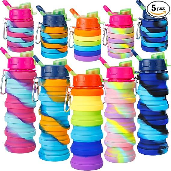 5 Pcs Collapsible Water Bottles 16 oz Portable Foldable Water Bottles Silicone Leak Proof Travel Water Bottle Reusable Sports Water Bottle with Metal Clip for Camping Hiking Travel(Mixed Color )