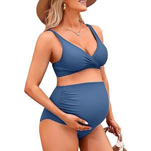 Charmo High Waisted Maternity Swimsuit Bikini Set V Neck Pregnancy Bathing Suits Push Up Two Piece Swimwear (Medium, #3c Dark Red)