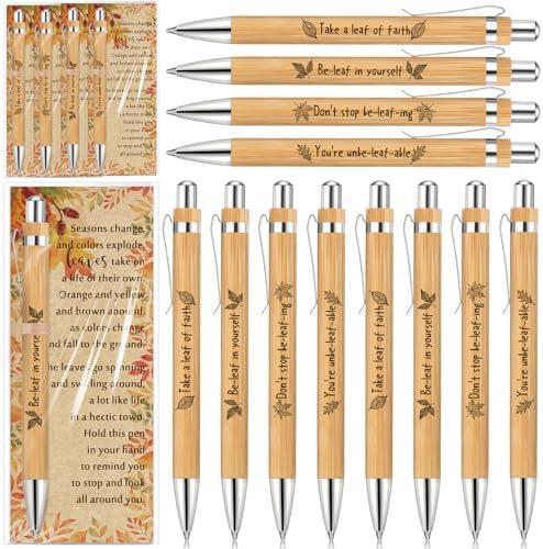 Sayglossy 12 pc Inspirational Thanksgiving Gifts for Coworker Fall Bamboo Ballpoint Pen Motivational Pens with Kraft Greeting Cards for Teacher Staff Team Friendsgiving Office Supplies