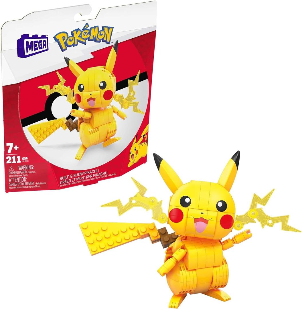 MEGA Pokmon Building Toys Set Build & Show Pikachu with 205 Pieces, Articulated and Poseable, 4 Inches Tall, for Kids