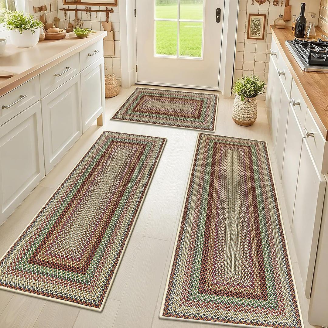HEBE Washable Kitchen Rugs Sets of 3, Non Slip Absorbent Kitchen Rugs and Mats, Farmhouse Stain Resistant Faux Jute Kitchen Mat Carpet Runner for Kitchen Floor, Laundry Room, Hallway, Red
