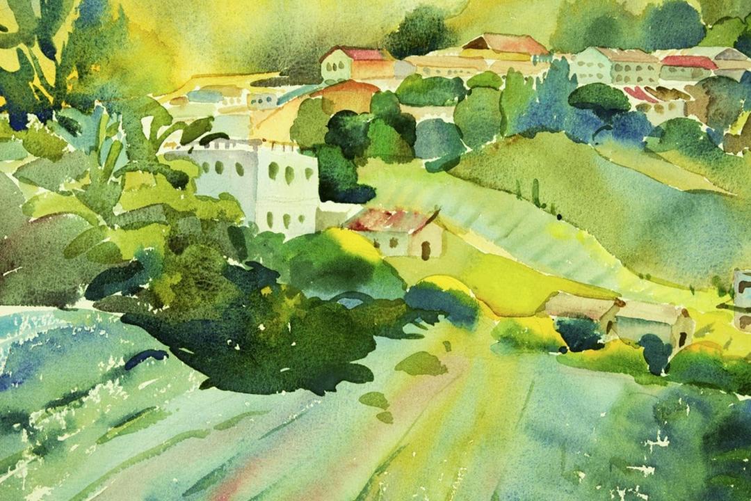 ART.COM Wall Art Print Watercolor Landscape of Village on a Hill by Painterstock, 36" x 24"