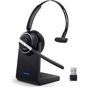 Bluetooth Headset, Wireless Headset with Microphone for PC, V5.2 Computer Headset with Noise Cancelling Mic, USB Dongle, Charging Base & Mute Button for Work, Cell Phones, Computer (Black)