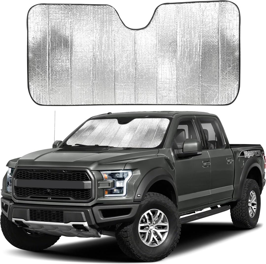 EcoNour Accordion Foldable Windshield Sun Shade | Jumbo Sun Visor for Truck Front Windows | UV & Heat Reflective Sunshade with Durable Dual-Layer Design | X-Large (66" x 27")