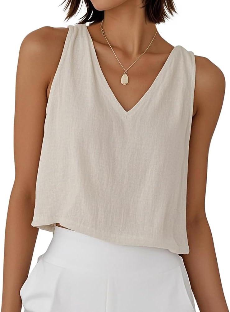 Women Linen Crop Tank Tops V Neck Spring Summer Sleeveless Casual Cute Beach Shirts, M