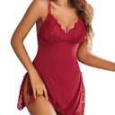 Avidlove Women's Lingerie Sexy Nightgowns Spaghetti Strap Chemise Babydoll Side Slit Women Sleepwear (1 Wine Red) S