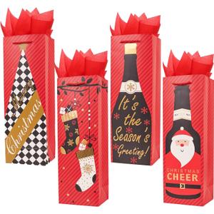 ZJHiome 12 Pack Christmas Bottle Gift Bags with Tissue Paper,13.7" Thick Paper Bottle Bags Bulk for Champagne & Wine Bottles,Reusable Wine Bags for Gift (Red)
