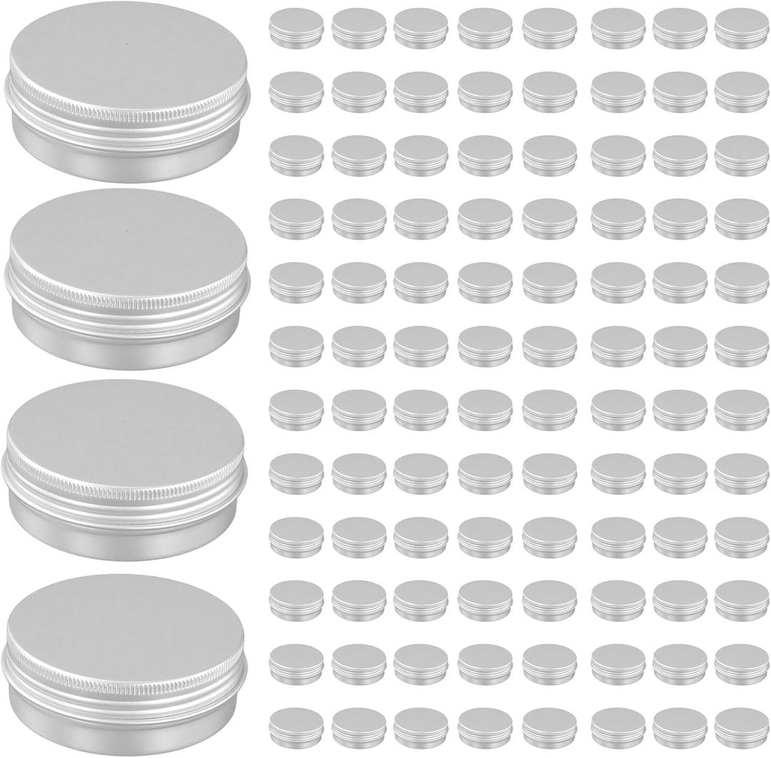 LEXININ 100 Pack Aluminum Tin Cans, 2 Oz Tin Jars with Lid Screw Top Containers for Lotion, DIY, Lip Balm, Cream, Silver ﻿
