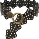 Wide Disc Belt for Women Vintage Hollow Boho Leather Belt Western Chunky Waist Belt Cowboy Metal Buckle Concho Belts (Black)