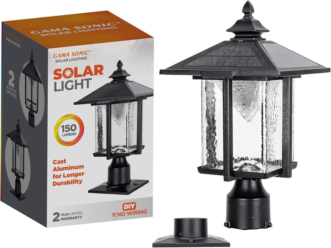 Gama Sonic Casita Outdoor Solar Light, Black Cast Aluminum with Beveled Glass, 3-Inch Pole Fitter or Pier Mount Lamp, 58i50023