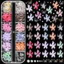 2 x 3D Flower Nail Charms, Hawaii Hibiscus Floral Nails Art Charms Spring Summer Colorful Flower Nail Jewelry and Rhinestones, Silver Gold Butterfly Flowers Nail Design for Women Nail Supplies