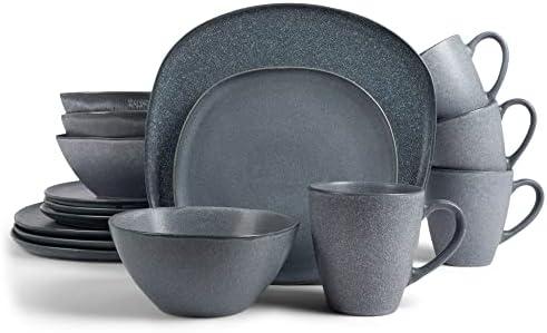 Elanze Designs 16-Piece Modern Luxury Chic Smooth Vintage Handmade Shape Matte Finish Ceramic Stoneware Square Plate Mug & Bowl Kitchen Dinnerware 16 Piece Set - Service for 4, Slate Grey