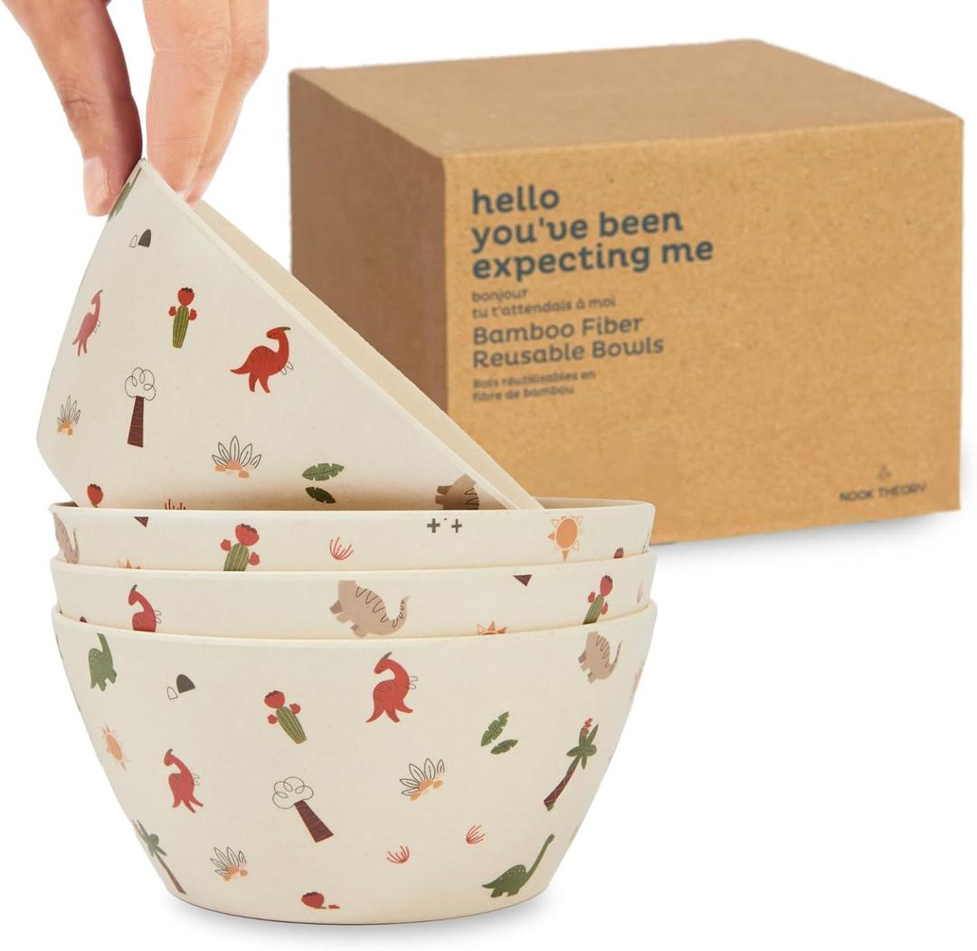Nook Theory 4 Pack Bamboo Bowls - 22 Oz Reusable Bowl, Dishwasher Safe - Not Microwavable Bamboo Dishes (Dino)