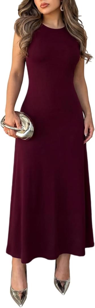 Women's Casual Crew Neck Sleeveless Flared A-Line Hem Long Tank Dress (Red, L)
