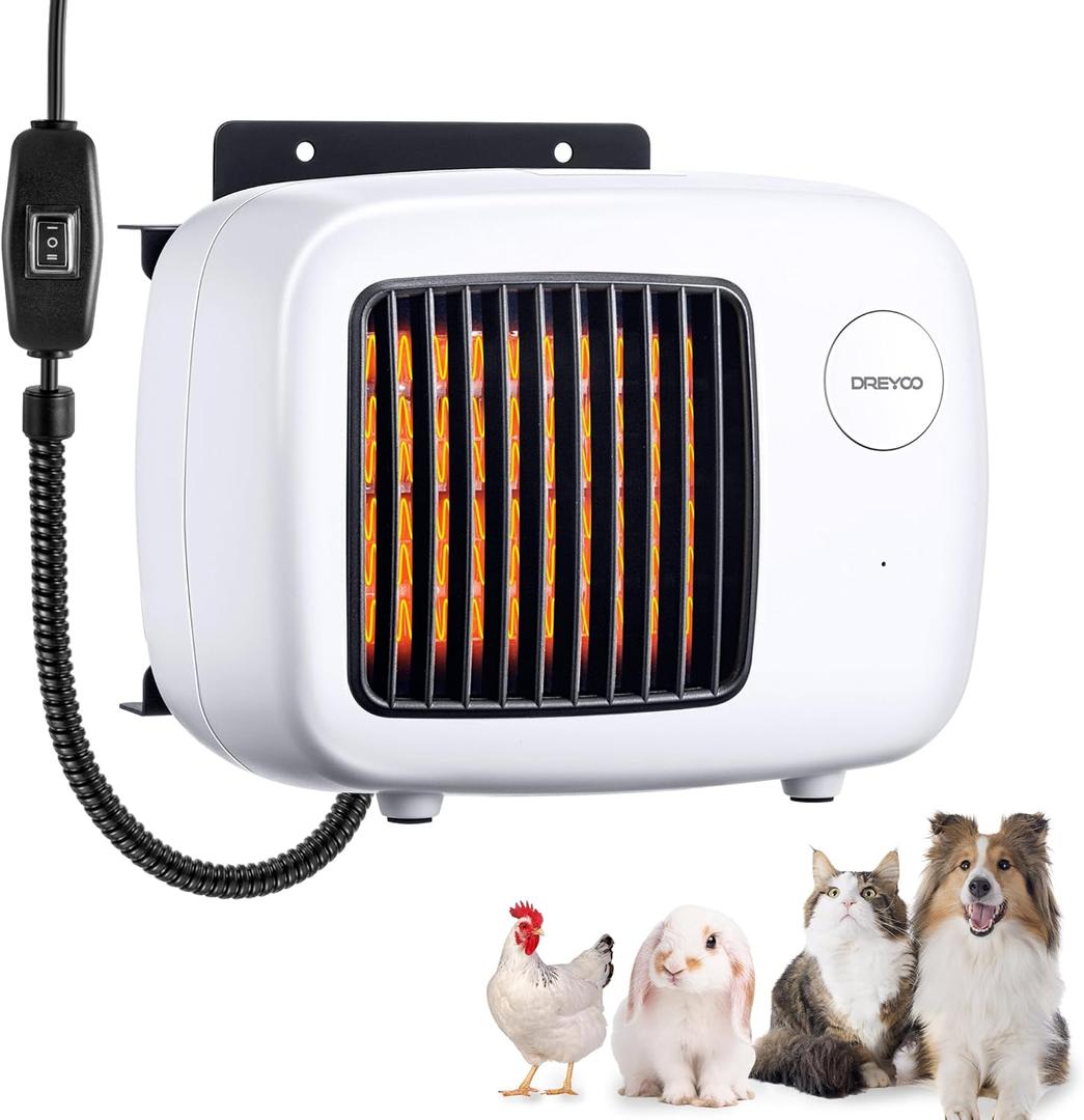Dreyoo 600/300W Dog House Heater with Thermostat, Pet Heater with 6FT Anti Chew Cord and Safe Overheat Protection, 2 Heating Mode Pet Warmer for Dogs Chicken Coops Rabbits(White,1 Pcs)