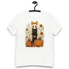 Vintage Halloween Ghost Holding Black Cat Groovy Floral T-Shirt S White