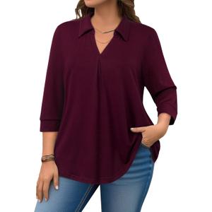 Amrto Womens Plus Size Shirts Collar Tops 3/4 Sleeve V Neck Blouse Loose Fit Soft Casual Business(XL) (Red)