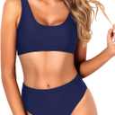 Tempt Me Women Two Piece Scoop Neck Bikini Crop Top Swimsuit Sporty High Waisted Bathing Suit, M