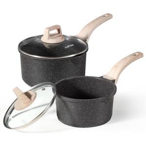 CAROTE 1.5Qt & 3.0Qt Sauce Pan Sets with Lid Cooking Pots Nonstick Saucepans Cookware Set with Pour Spout Small Kitchen Pot, Induction Comptable, Easy to Clean, PFOA FREE (Classic Granite)