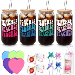 Teacher Appreciation Gifts- 4 Pack End of Year Teacher Gifts for Women Men, 18oz Teachers Glass Cup with Bamboo Lid and Straw Glass Coffee Cups Unique Thank You Teachers Tumbler Mug Gift from Students (EXP 08/05/26)