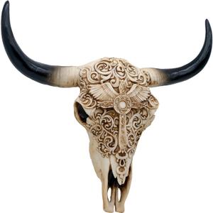Western Cow Skull Wall-Decor - 12.2Long Realistic Animal Head Wall Hanging Art Boho Cross Steer Bison Buffalo Bull Cow Horned Skull Home Wall Decor