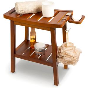 Bamboo Shower Bench for Inside Shower  Waterproof Bathroom Spa Seat with Shelf, Hooks & Soap Tray  Wood Shower Stool for Shaving, Sauna, or Small Bathroom  Walnut