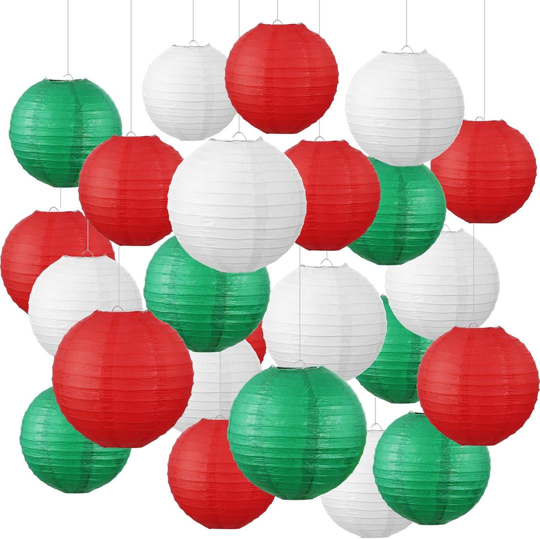 Treela 24 Pcs Christmas Paper Lanterns Xmas Hanging Paper Lanterns Assorted White Green Red Paper Lantern Lamps Round Paper Hanging Party Decoration