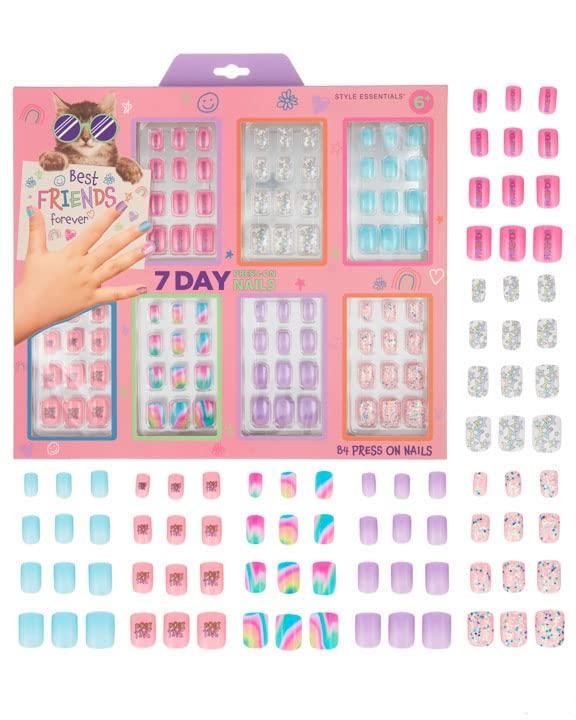 7 Day Manicure Collection - 84PC Press On Nail Set, Day-of-The-Week Adhesive False Nails for Girls – Colorful Novelty Designs Stick On Nails for Kids (BFF)