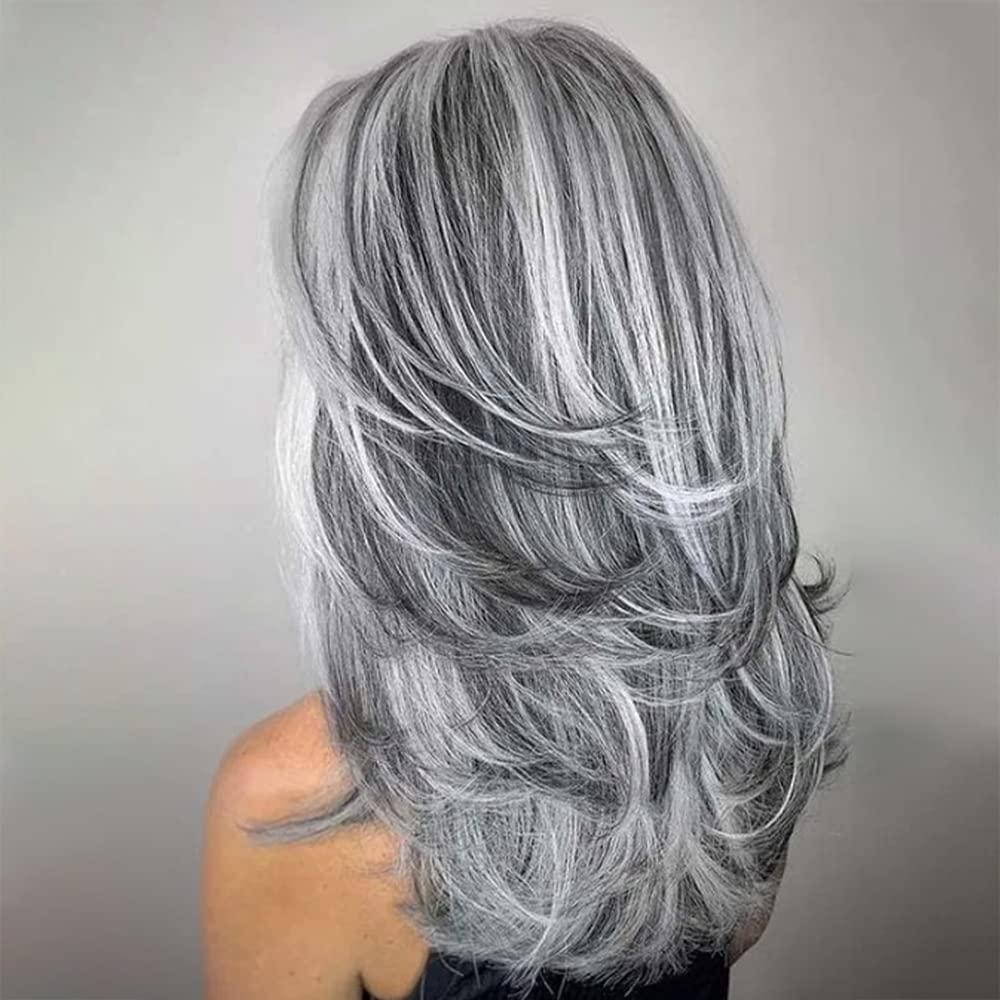 XIUFAXIRUSI XIUFAXIRUSI Long Layered Wavy Wigs for Women Synthetic Natural Hair Wig Silver Grey