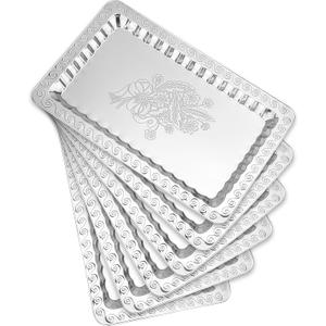 6-Pack Silver Serving Trays Set (14" x 9") Swirl Floral Engraved Serving Platters for Parties, Weddings, Birthdays, Festive Occasions Mirror Trays for Charcuterie, Cookies, Desserts, Snacks, Fruit
