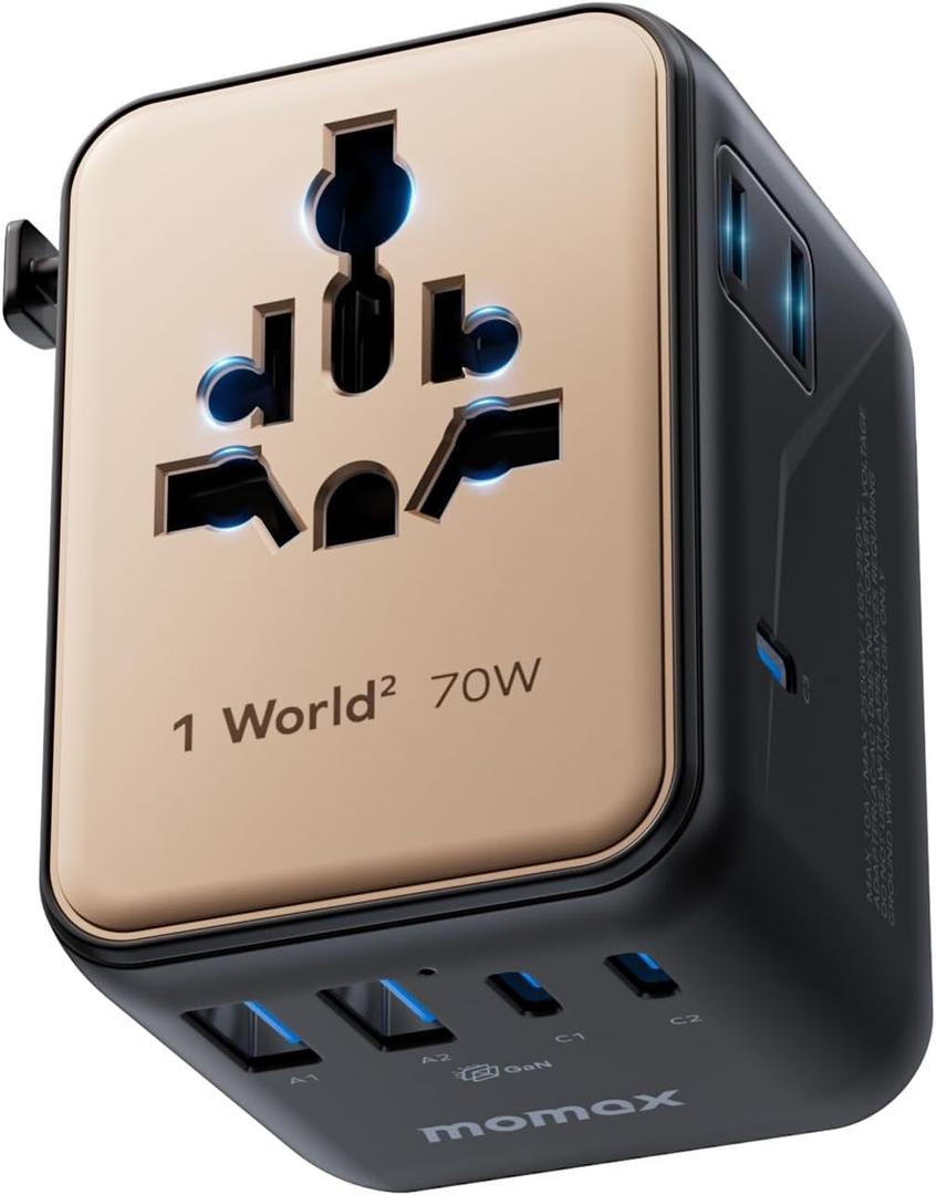 MOMAX Mini 7-in-1 Universal Travel Adapter, GaN 70W Dual AC, 3 USB-C PD & 2 USB-A QC, International Power Charger for 200+ Countries  Compact Travel Adapter for Laptop, Phone, UK/AUS/EU/JP Plug