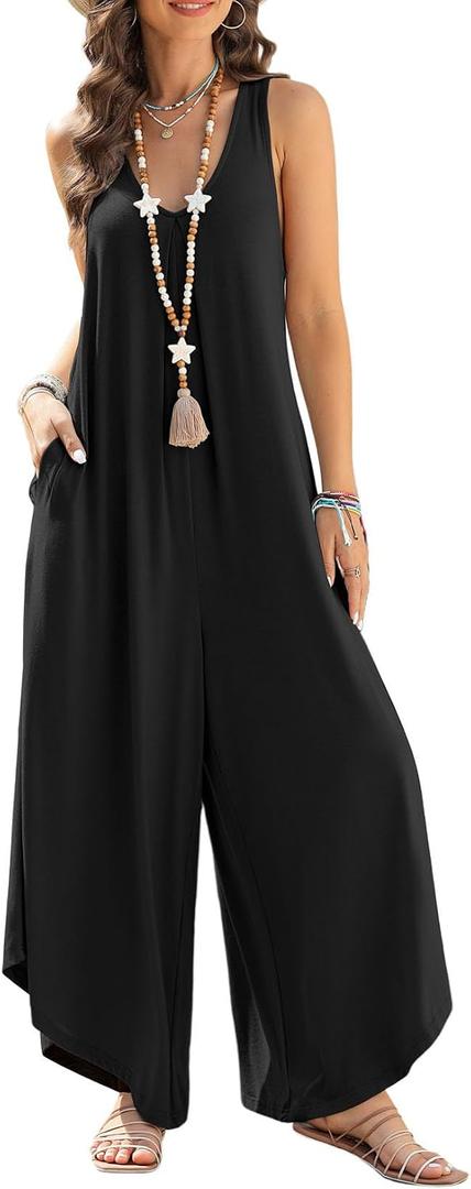 Happy Sailed Women's Jumpsuits Loose Overalls Summer Sleeveless Ruched V Neck Flared Wide Leg Pants Rompers with Pockets (Black, L)