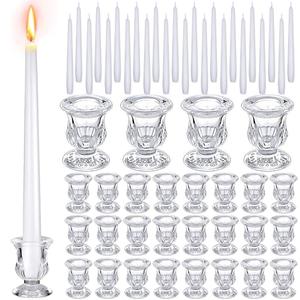 24 Pcs Taper Candlestick Holder Clear Glass Candle Holder with 10 Inch White Candles 8 Hours Burn Time Smokeless Candles for Wedding Table Centerpiece Party Decorations