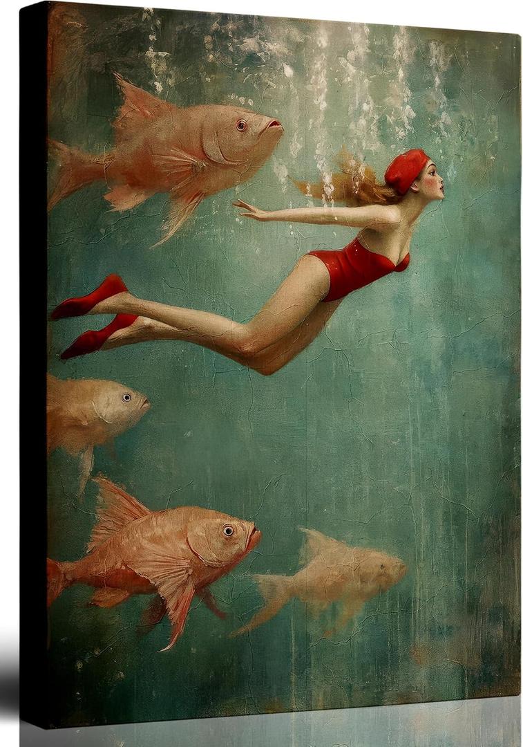 YUBOJIA Surreal Swimming Woman Canvas Wall Art, 24"L x 16"W
