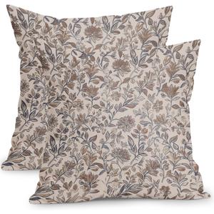 Vintage Floral Pillow Covers 16x16 Inch Set of 2 Antique Flower Block Print Throw Pillow Covers Brown Neutral Traditional Square Cushion Case Decoration for Couch Home Decor