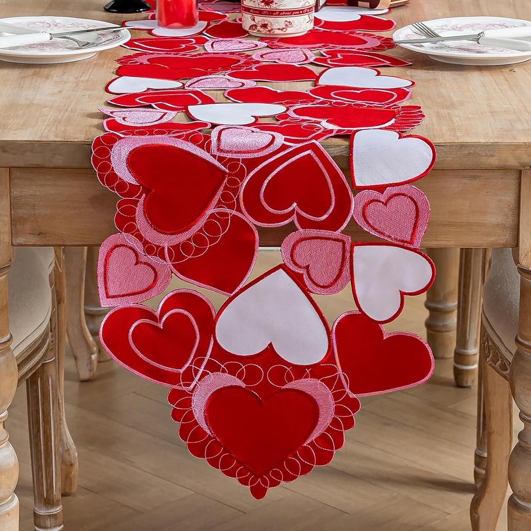 Valentines Day Table Runner, Embroidered Sweet Red Love Heart Table Runners, for Mothers Day, Wedding Anniversary, Marriage Proposals, Engagements, Romantic Events Parties Decoration (14 59 inch)