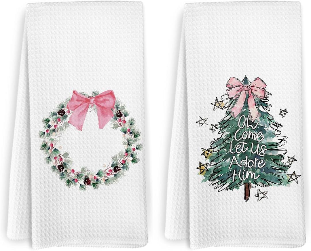 KFXHANGD Christmas Christian Kitchen Towels Set of 2, Coquette Pink Christmas Dish Towels,Christmas Christian Towels Gifts, Oh Come Let Us Adore Him Hand Tea Towels for Bathroom, 16x24 Inch (Tree Wreath)