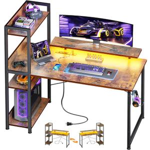 ODK Reversible Gaming Desk with USB Charging Port and LED Lights, 40 Inch Computer Desk with Storage Shelves & Monitor Stand, Writing Study Table for Home Office, Small Space Bedroom, Rustic Brown