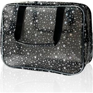 Black Holographic Star Cosmetic Bag for Women 11.8x5.1x8.2 Inches Portable Travel Toiletry Bag with Handles,Durable PVC Material,Zipper Design-Ideal Large Clear Makeup Organizer