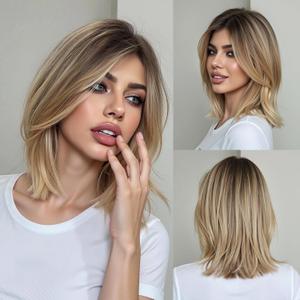 Glueless Bob Human Hair Wigs Short Golden Straight with Brown Roots Lightweight Natural Look for Women Daily Use (Blonde,10inch)