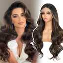 Synthetic Lace Front Wig for Women 13x4 Body Wave Dark Brown Highlight Wigs Pre-plucked Long Wavy 150% Density Heat Resistant Hair Daily Use 26 Inch
