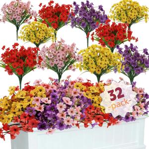 Geegoods Artificial Mums Flowers for Outdoors, 32 Bundles UV Resistant Fake Plastic Colorful Mix Flowers for Patio Porch Spring Summer Decor