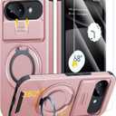 JAME for Google Pixel 10A Case, Ring Holder Stand Kickstand, Slide Camera Cover with Screen Protector, Dual-Layer Shockproof Protective, Magnetic Accessory Friendly Google Pixel 10a Phone Case, Pink