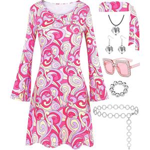 Hippie Costume for Women 60s 70s Disco Dress Outfits Peace Sign Necklace Earrings Sunglass Accessories Set, Size S