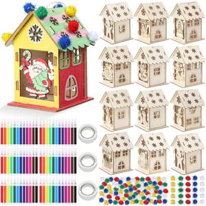 Yookeer 12 Sets Wooden Christmas Gingerbread House Craft Kit Bulk DIY Christmas Gingerbread Village Houses to Paint Set Cutting Wood 3D Puzzle with Watercolor Pens Pompoms Party Supplies Gift Decor